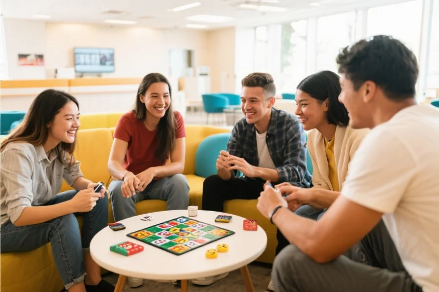 一群人在明亮的休闲空间一起讨论和参与澳洲幸运5数字娱乐游戏，气氛轻松愉快