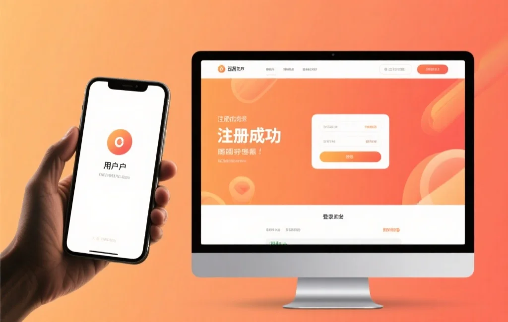 用户在手机和电脑上成功登录网站，界面显示“注册成功”，氛围积极向上