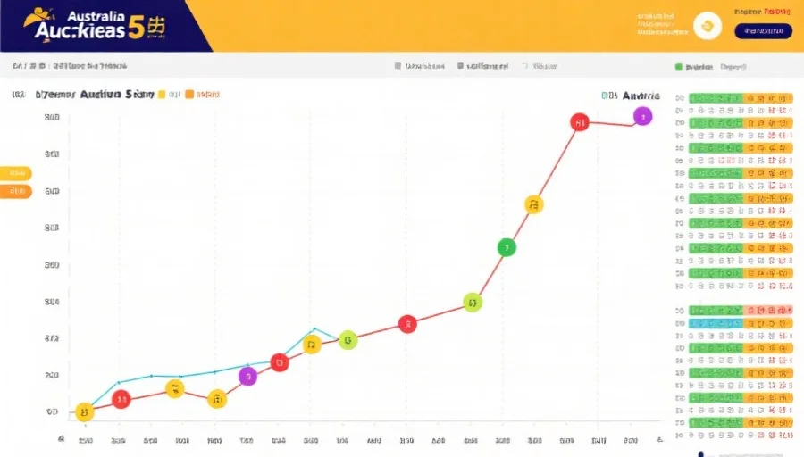 一张澳洲幸运5历史开奖数据的趣味走势图，包含折线与颜色标记，视觉现代且富有分析感