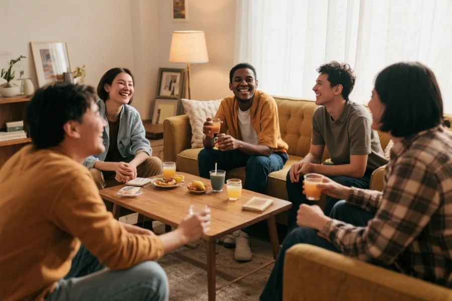 一群朋友围坐在温馨的客厅里，微笑交谈，有人手持饮品，气氛轻松，展现多元兴趣与积极社交